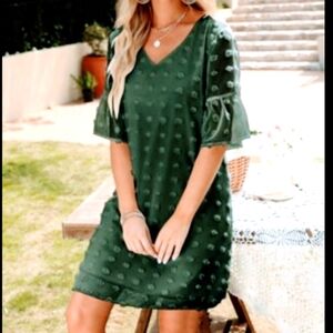 Green Swiss Dot Shift Dress Mini Plus Size XXL Bell Sleeve Casual Office